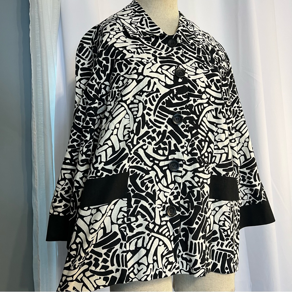 Sag Harbor Blazer Jacket Size 14 Linen/Rayon Blend Black/White 3/4 Sleevesag